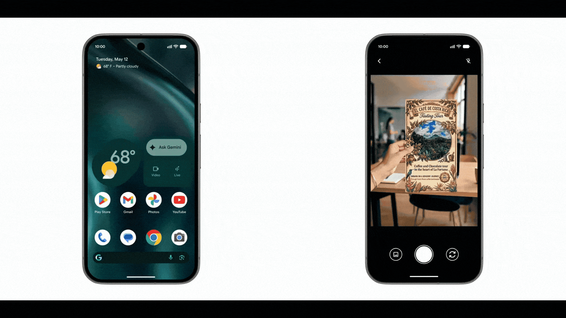 Two Android smartphones demonstrating Gemini AI features from Android Show 2026, including Rambler’s real-time speech assistance and AI-powered custom widget generation with personalized home screen controls and contextual suggestions.