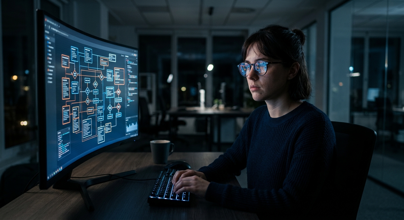 Close up of an office worker's face reflected by digital screens showing complex AI workflow graphs.