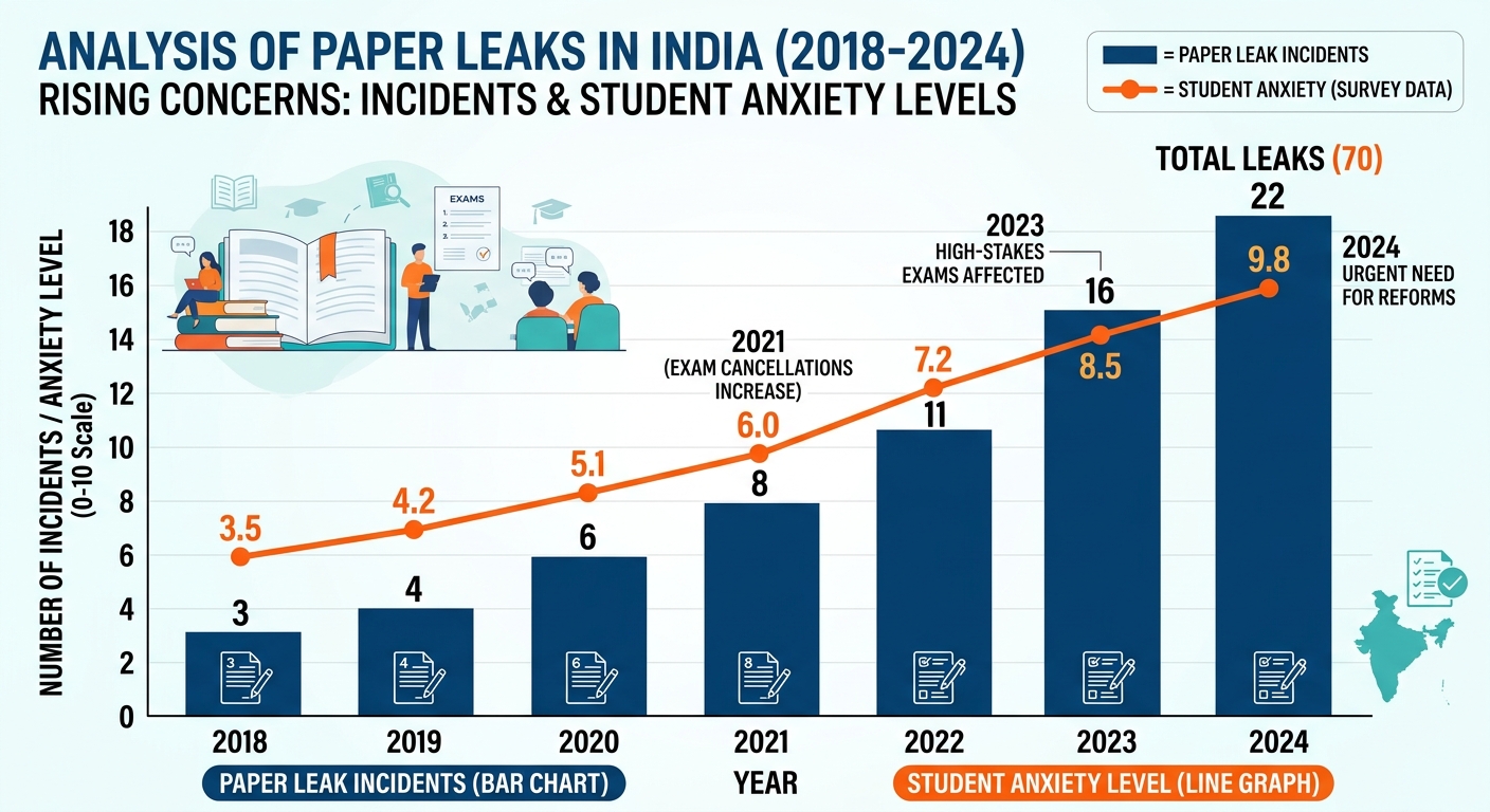 Infographic showing the frequency of exam paper leaks in India between 2019 and 2026.