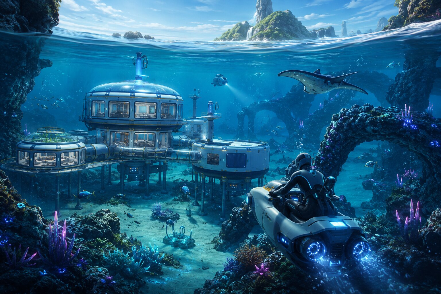 Cinematic underwater sci-fi scene featuring a futuristic diver riding a compact submarine toward a large modular ocean-floor base surrounded by glowing coral, rocky arches, tropical islands above the surface, and alien sea creatures swimming in crystal-clear blue water.