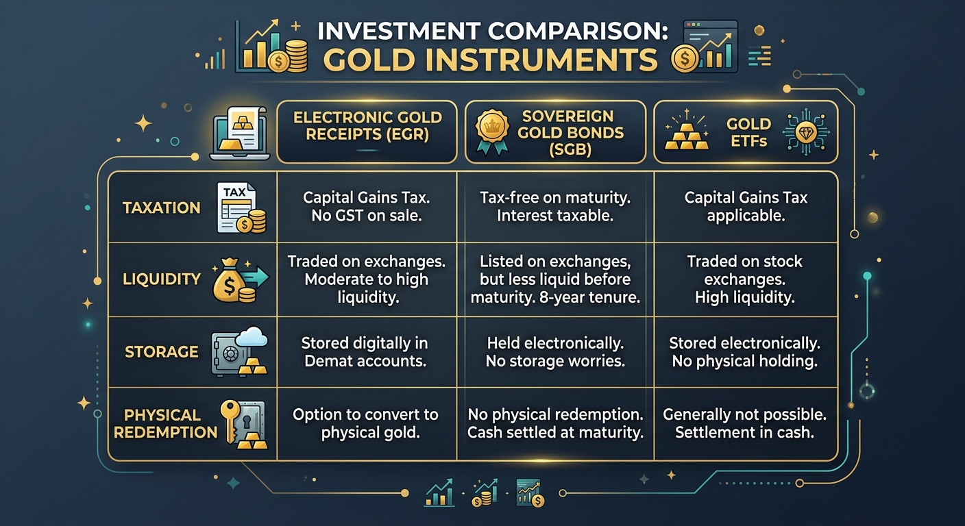 Comparison chart showing the differences between EGR, SGB, and ETFs regarding liquidity, taxes, and storage fees.