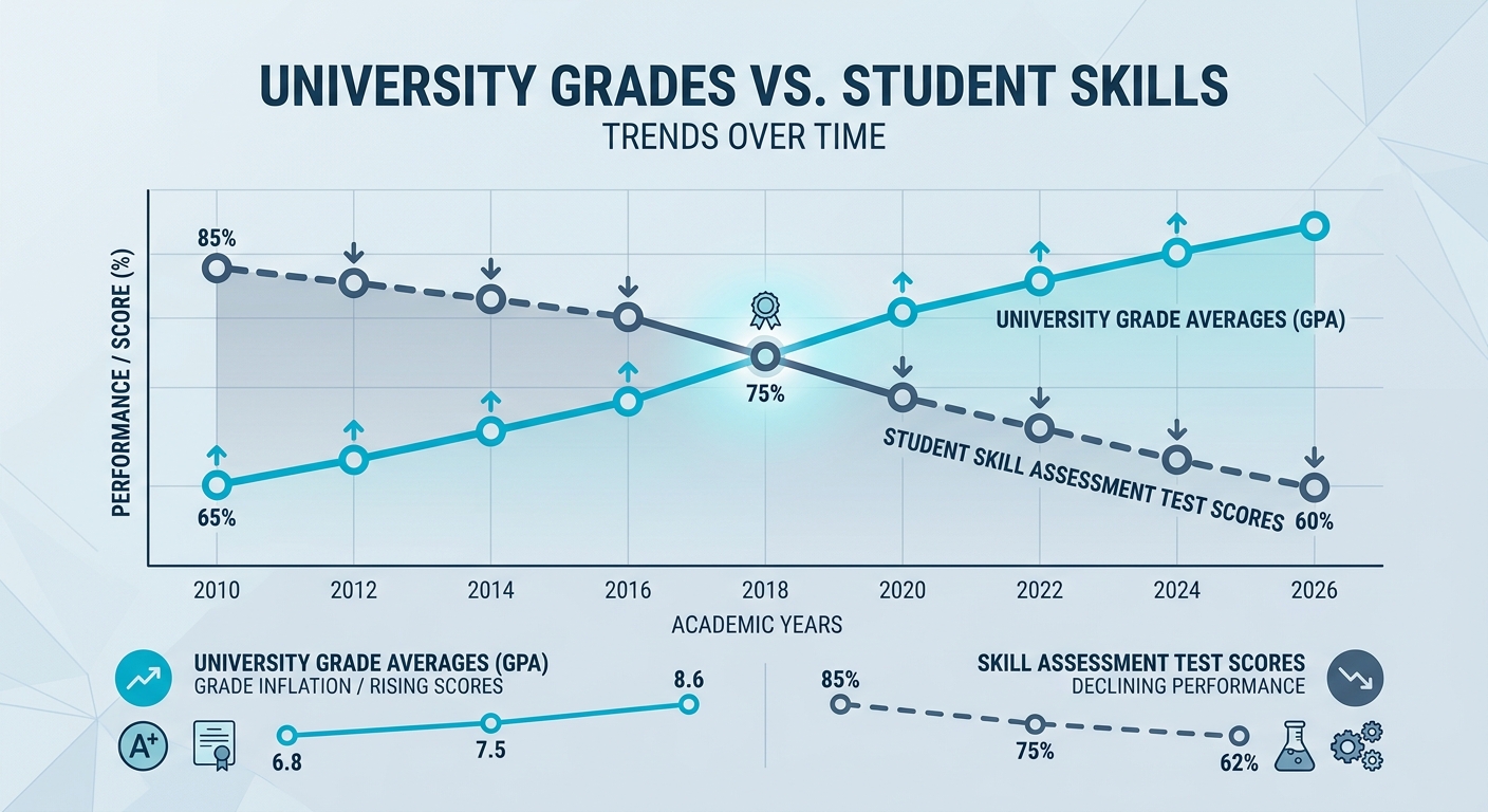 A chart illustrating the divergence between reported university grades and objective competency scores.