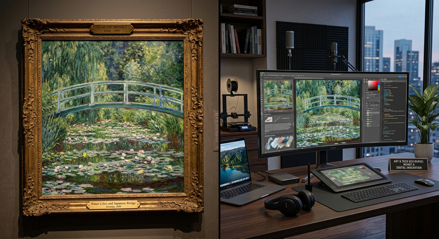 A comparison showing a Monet painting alongside a digital art interface to represent the irony of modern art critique.