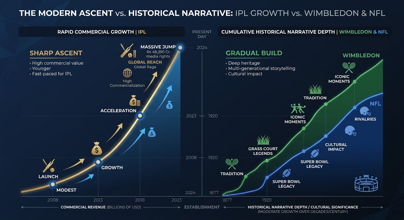 An infographic comparing the rapid financial growth of the IPL with the historic institutional endurance of Wimbledon and the NFL.