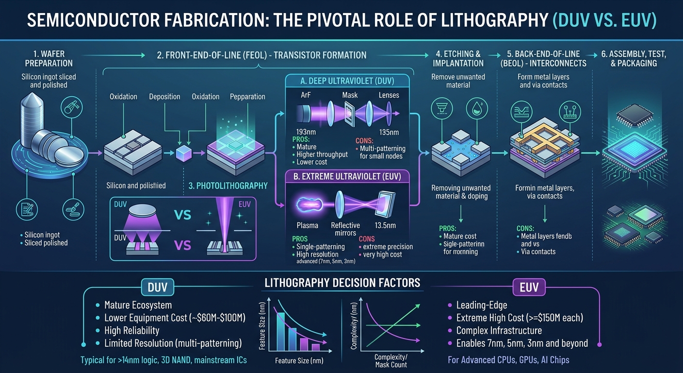 An infographic showing the steps of chip manufacturing and the specific function of lithography machines.