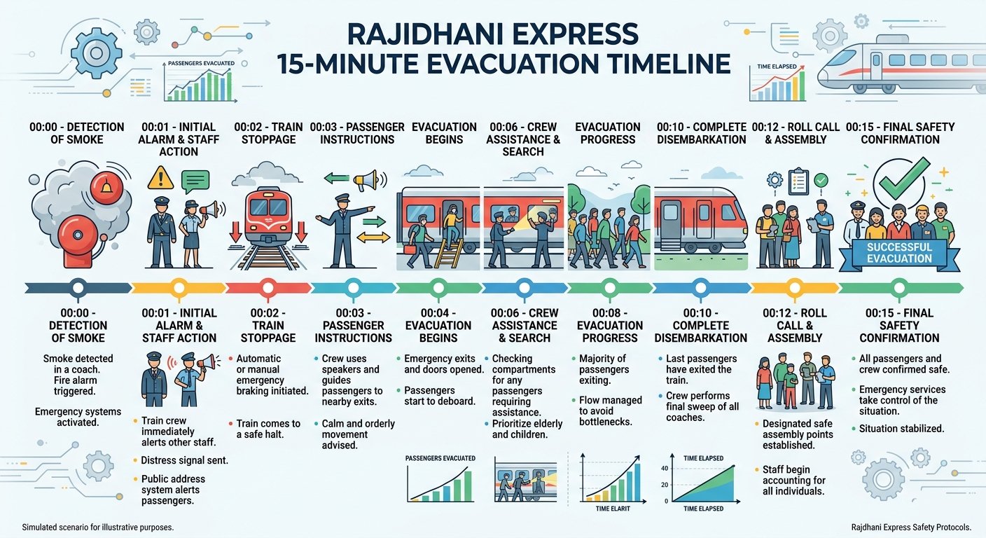 Infographic showing the 15-minute emergency evacuation timeline of the Rajdhani Express near Ratlam.