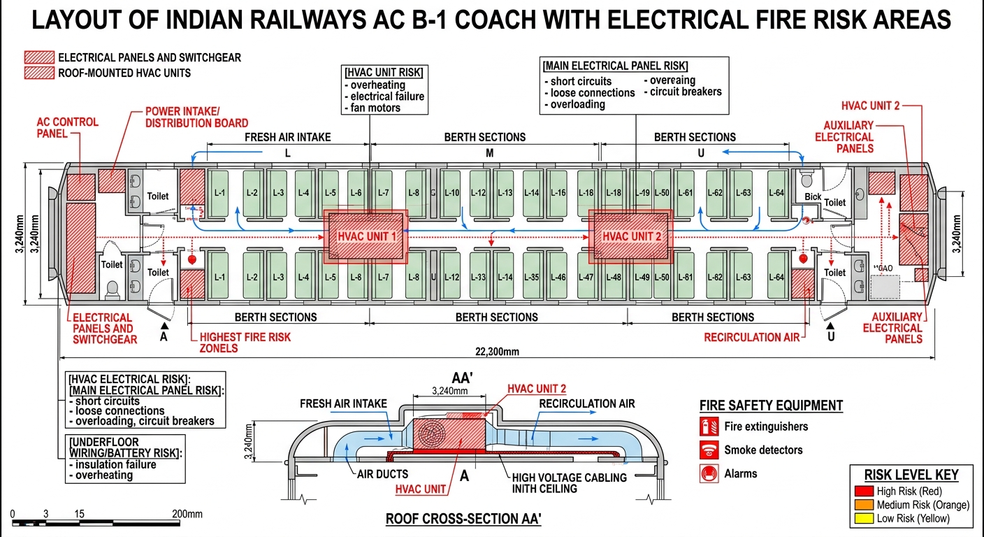 A technical diagram of an Indian Railways coach highlighting potential electrical failure points.