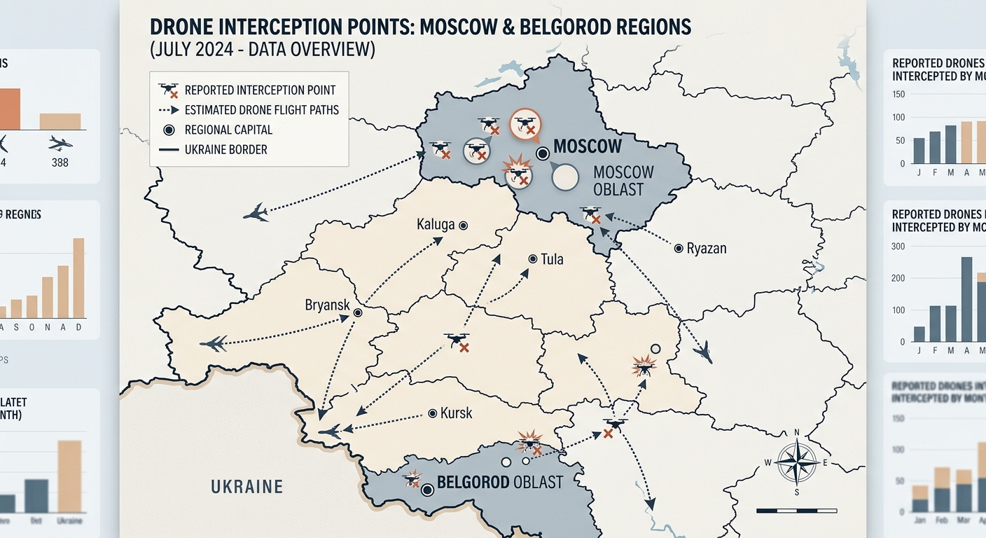 Infographic showing the extent of the drone attacks across the Moscow and Belgorod regions.