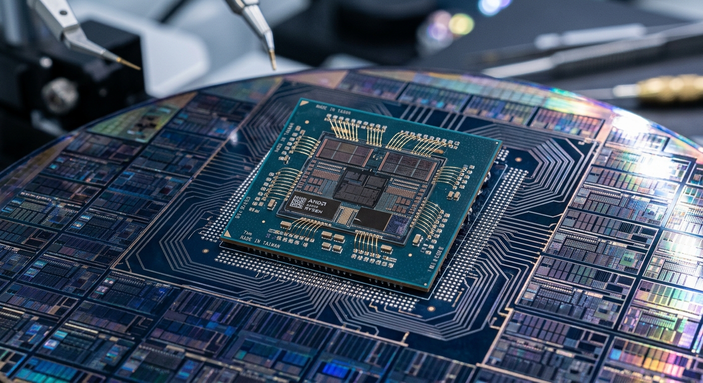 Close up of an advanced processor chip on a wafer.