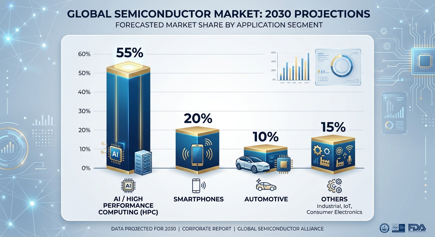 Chart showing AI and HPC as the dominant market segments in the 2030 semiconductor forecast.