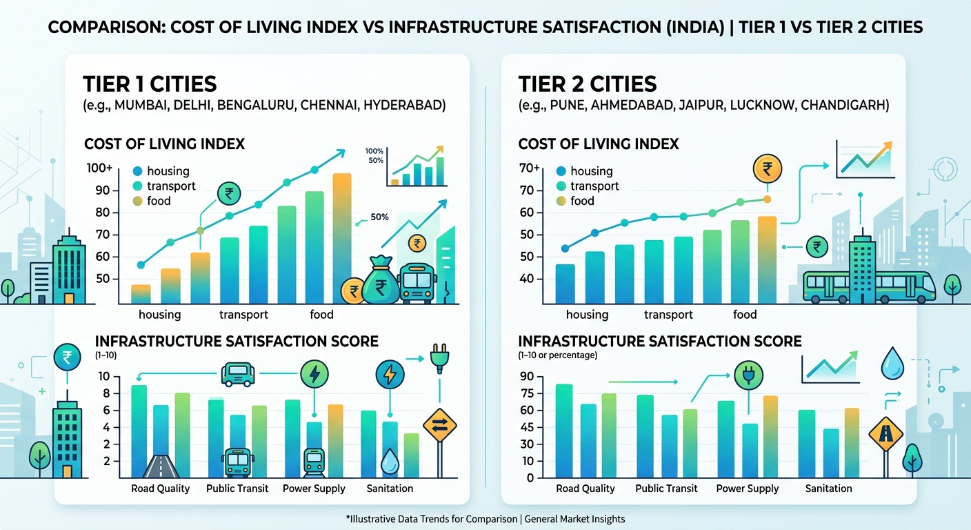 Infographic showing the cost of living vs infrastructure trade-off between major Indian metros and emerging Tier 2 cities.