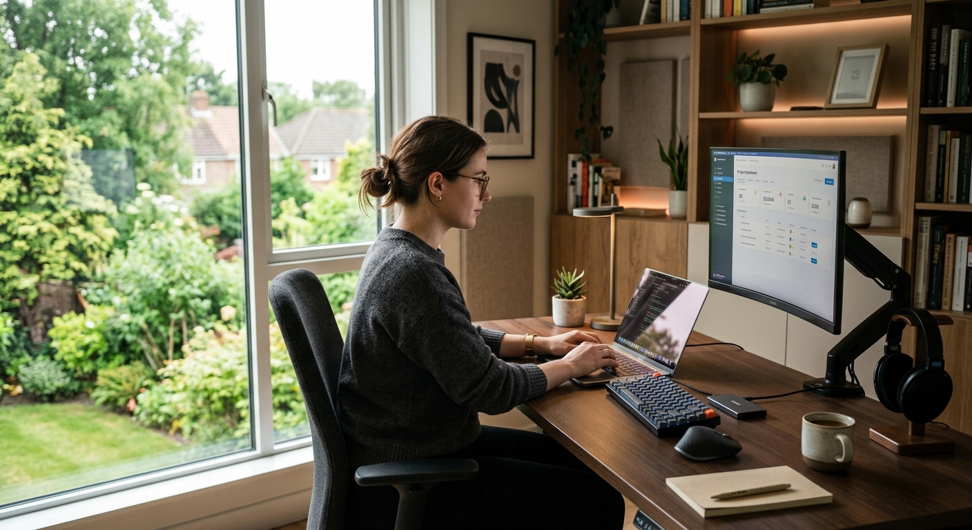 A tech professional working remotely from a home office in a quiet, non-urban setting.
