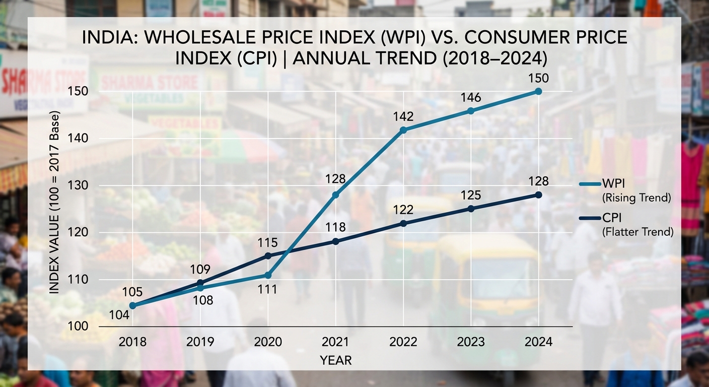 Graph showing the divergence between WPI and CPI inflation indices in the Indian economy.