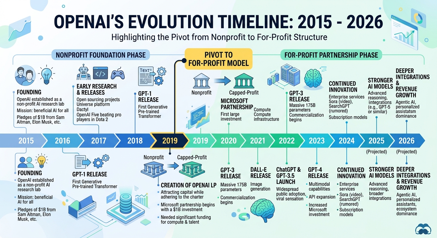 An infographic timeline charting OpenAI's evolution from a research lab to a for-profit entity.