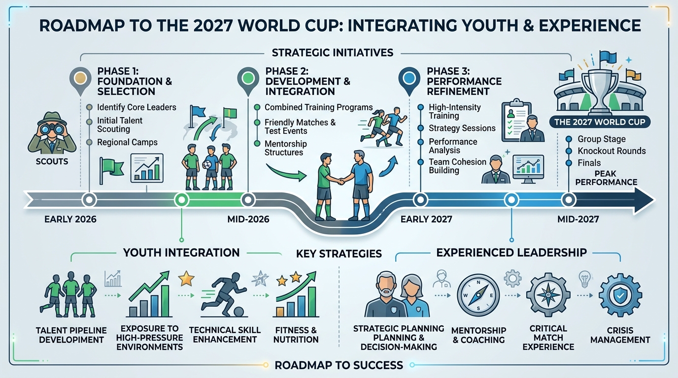 An infographic chart displaying India's strategic plan for the 2027 cricket world cup.