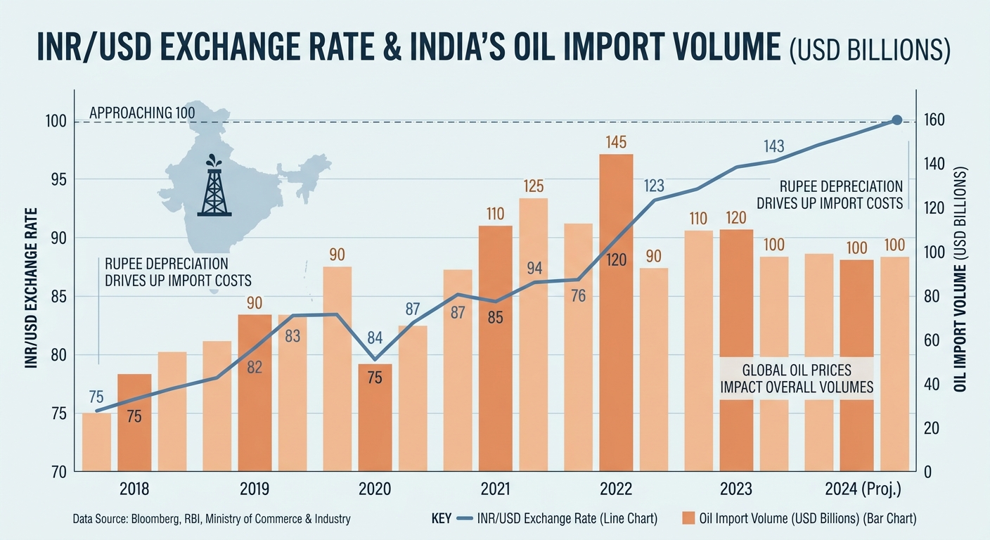 An infographic visualizing the inverse relationship between oil import costs and the value of the Indian Rupee against the US Dollar.
