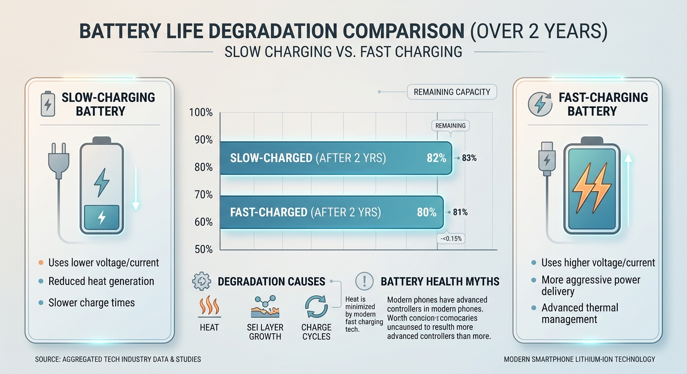 Comparison chart showing that fast charging results in statistically insignificant battery degradation.