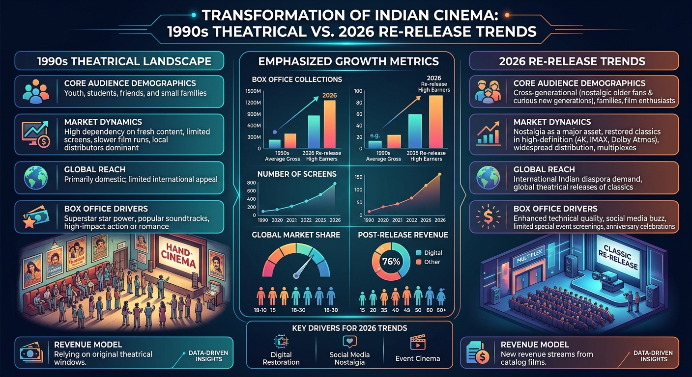 Infographic showing the upward trend in ticket sales for re-released 90s Bollywood comedies.