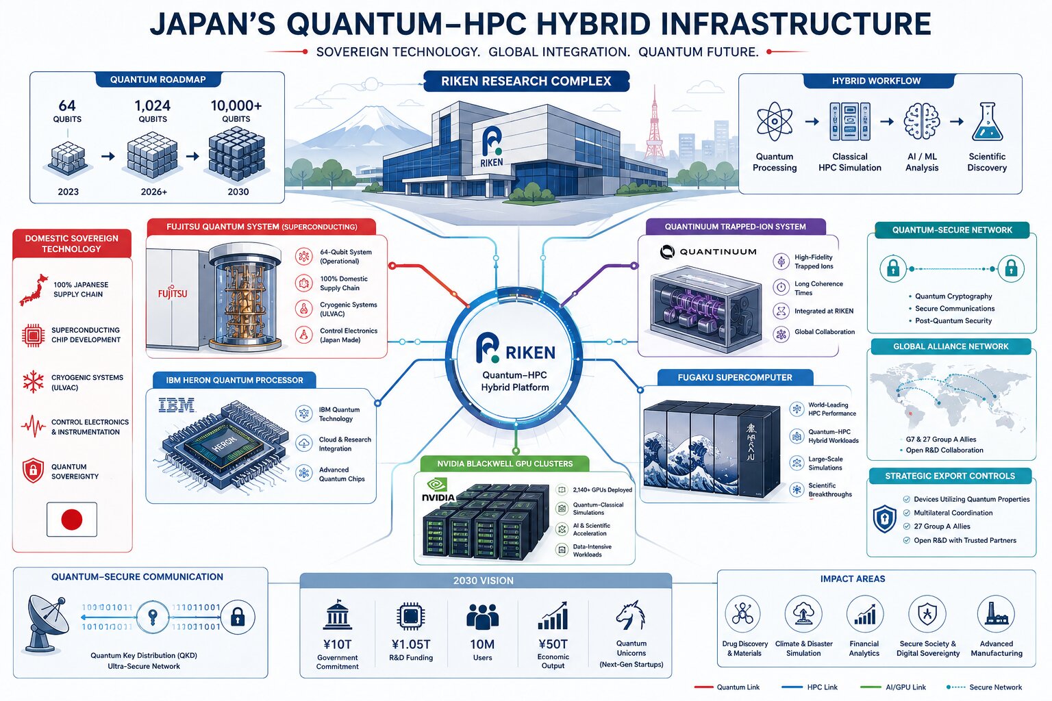 A clean 2D infographic illustrating Japan’s quantum-HPC hybrid infrastructure centered around the RIKEN research complex, featuring Fujitsu superconducting systems, IBM Heron processors, Fugaku supercomputer integration, NVIDIA Blackwell GPU clusters, secure quantum communication networks, and Japan’s 2030 quantum technology roadmap.