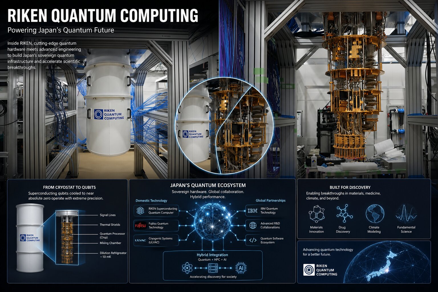 A composite editorial-style image showing RIKEN’s quantum computing infrastructure, combining a superconducting cryostat exterior with its intricate internal quantum hardware, surrounded by data cables, research systems, and futuristic quantum ecosystem graphics.