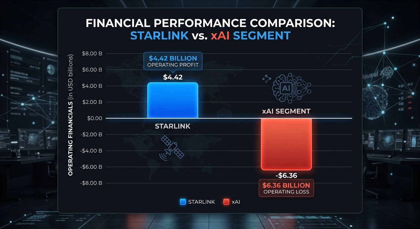 Infographic showing the financial disparity between Starlink profitability and xAI losses.