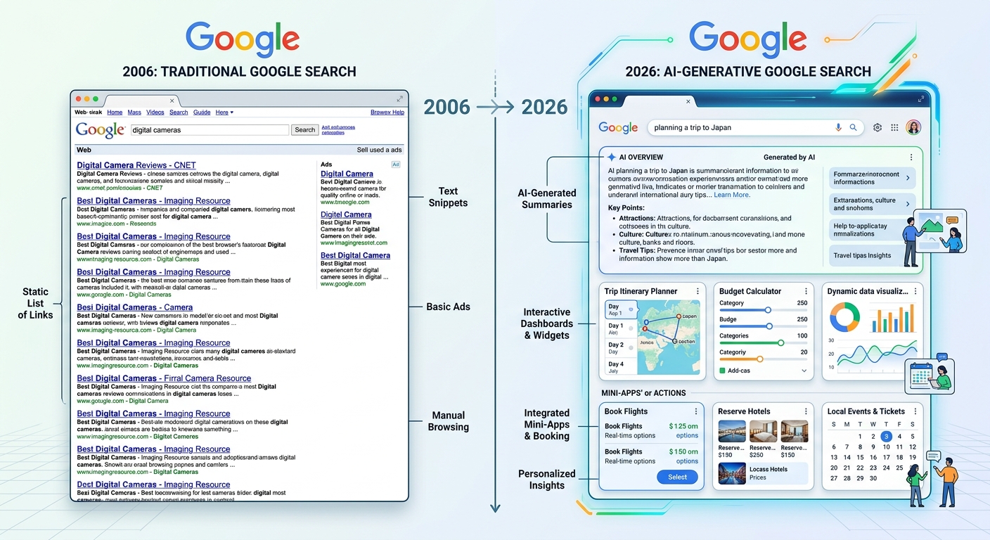 Comparison of 2006 Google list-based search results and 2026 AI generative search interface.