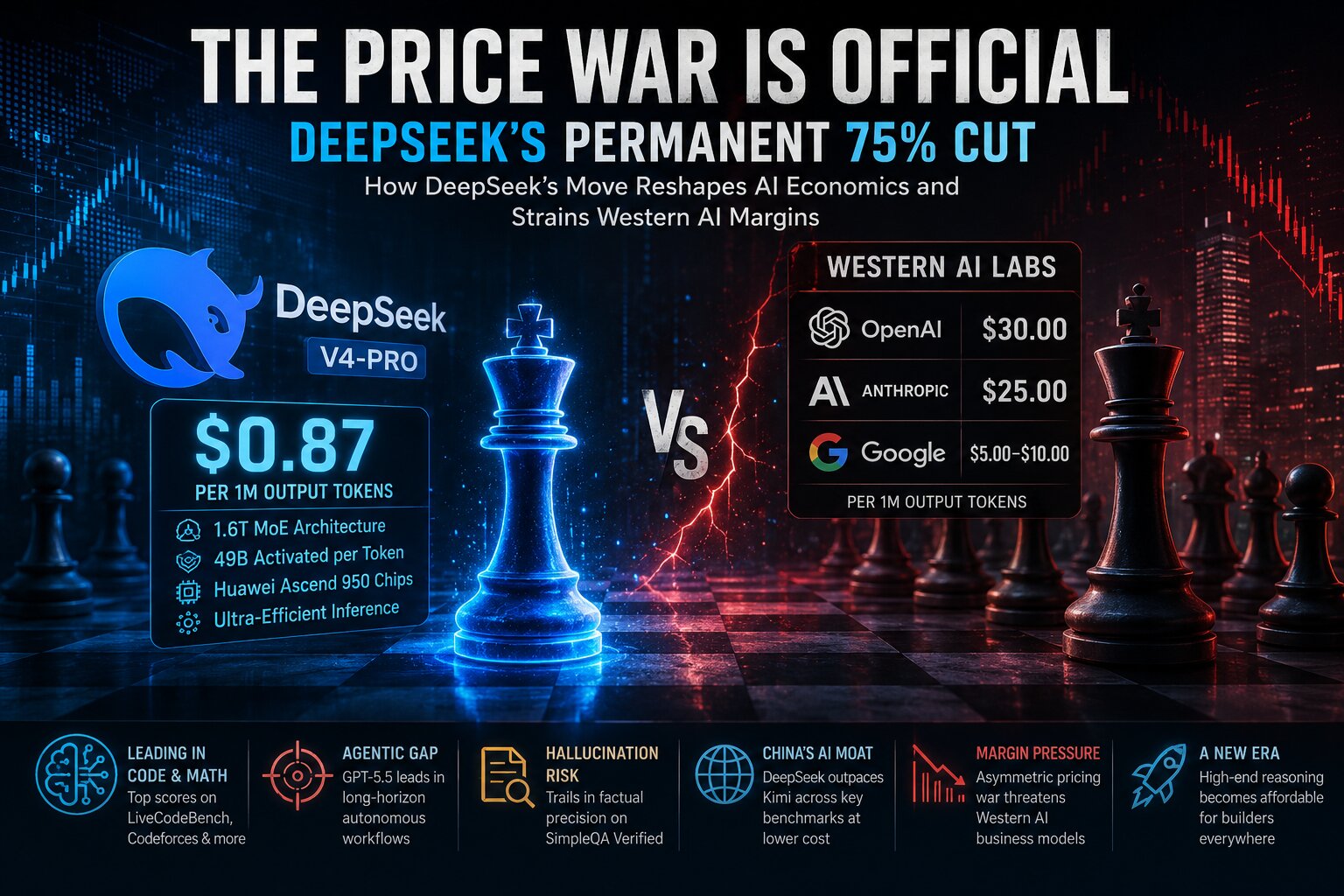 A futuristic editorial-style graphic showing DeepSeek’s AI pricing battle against Western AI labs, featuring glowing blue and red chess pieces, token pricing comparisons, AI company logos, and visuals representing coding, reasoning, hallucination risks, and market disruption.