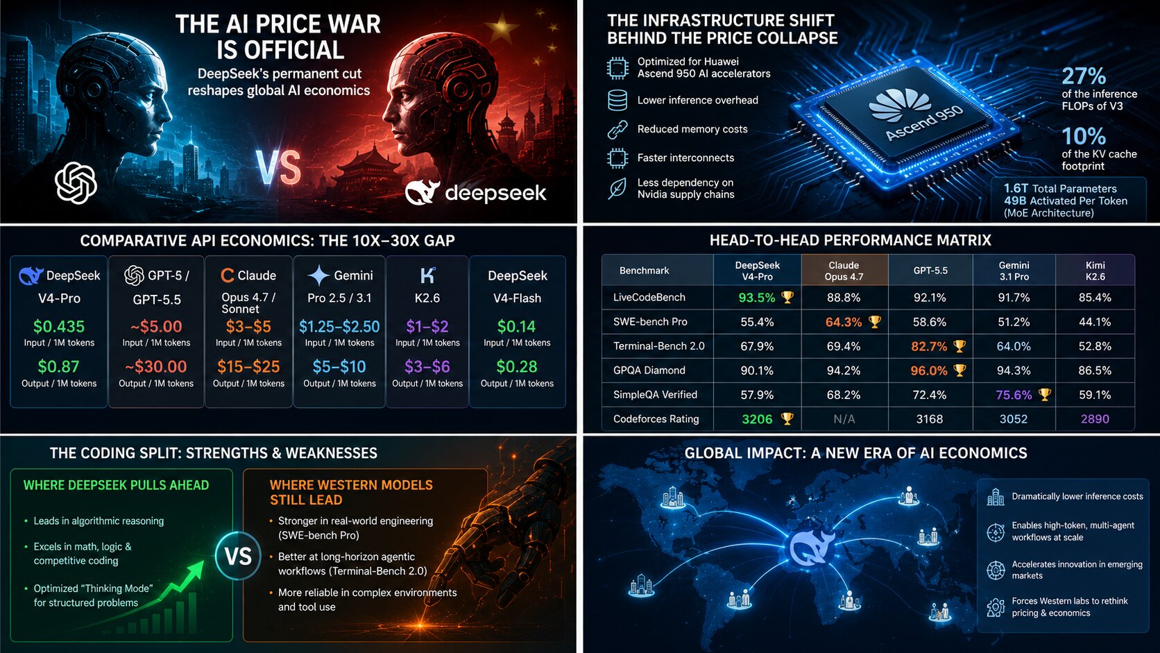 A 16:9 infographic comparing DeepSeek with OpenAI, Anthropic, Google, and Kimi across AI pricing, benchmark performance, infrastructure efficiency, and global market impact, highlighting DeepSeek’s lower-cost model and rising competitiveness.