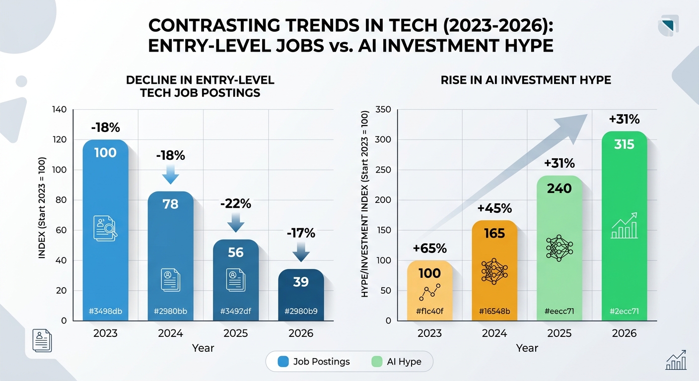 An infographic showing the decline in junior tech roles against the rise of AI startup funding.
