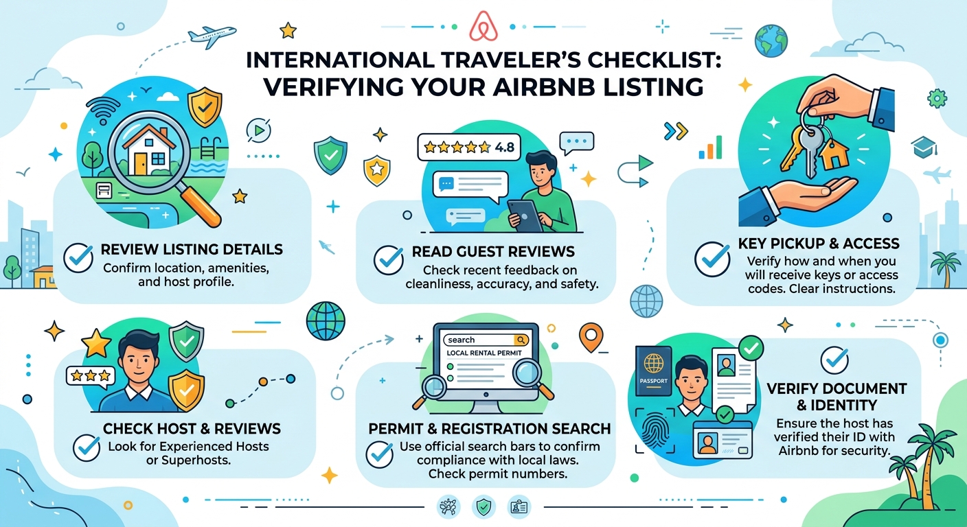 Checklist infographic for international travelers to verify Airbnb listing legality.