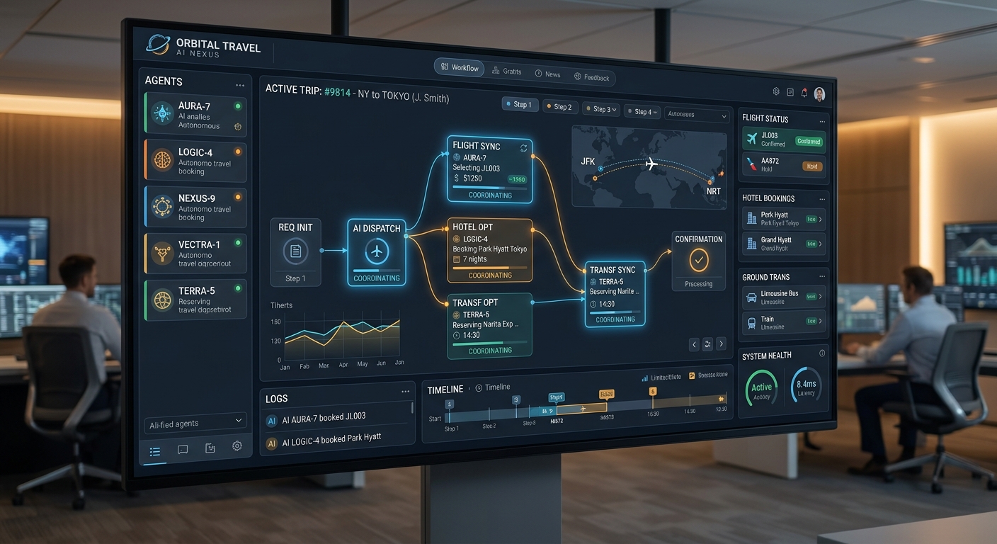 Conceptual visual of AI agents executing travel booking workflows.