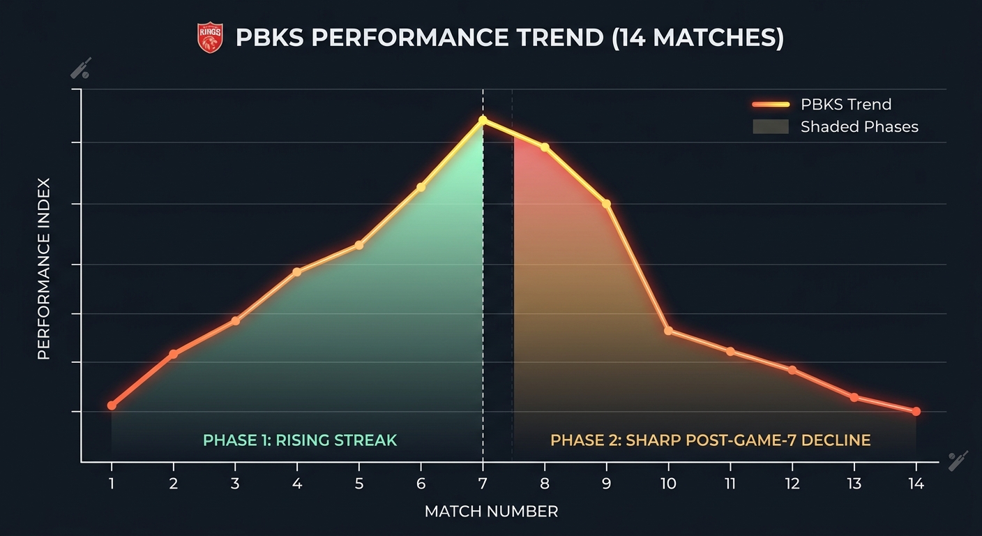 Graph showing the decline of Punjab Kings performance after their initial seven-match winning streak.