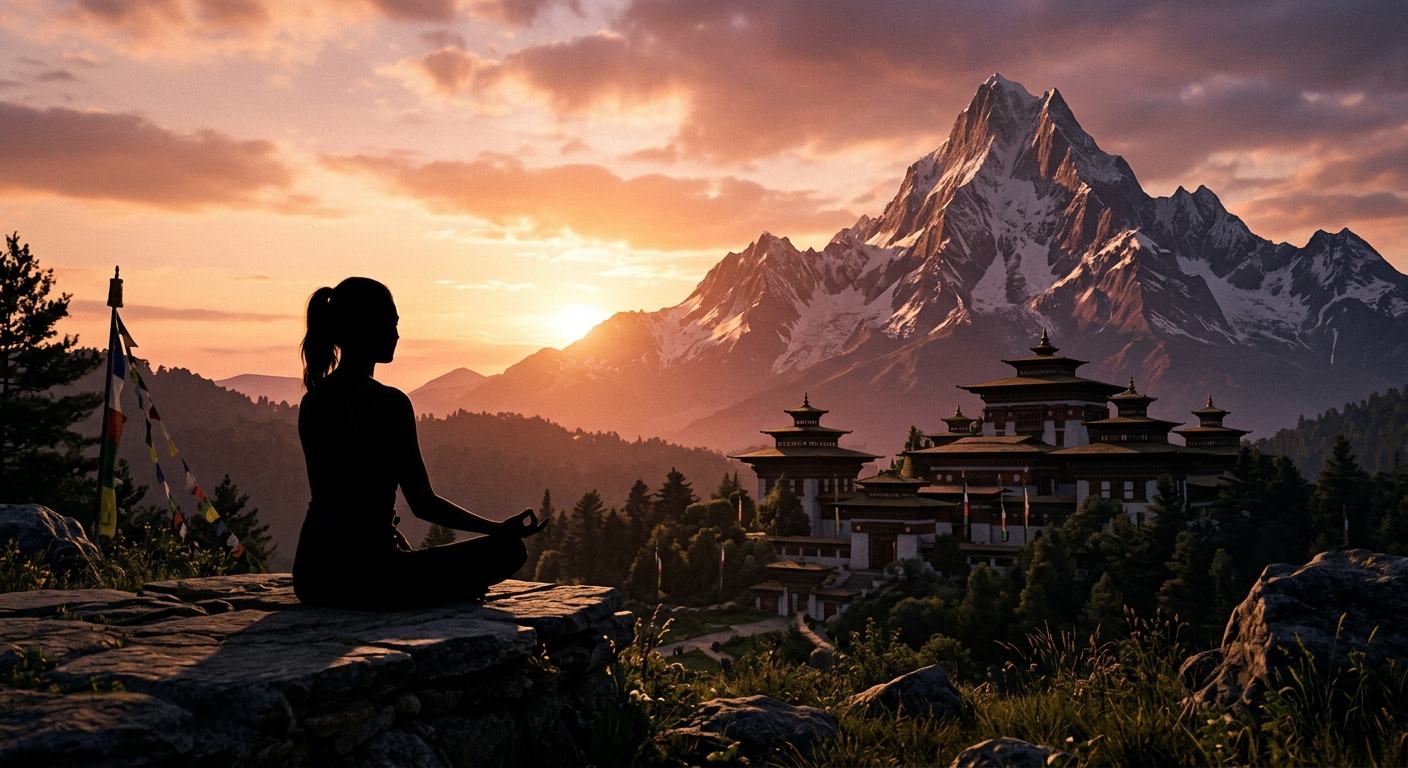 Spiritual Wellness Silhouette around a temple and a mountain