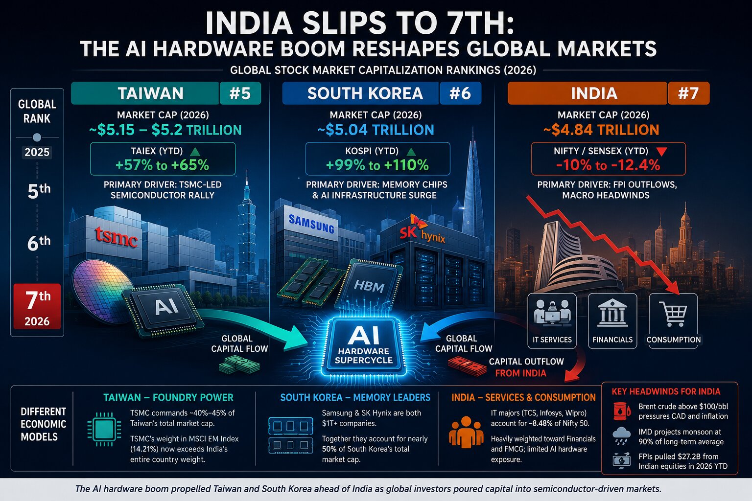 Infographic comparing Taiwan, South Korea, and India’s 2026 stock market rankings, highlighting how AI-driven semiconductor growth boosted Taiwan and South Korea while India slipped to seventh place amid capital outflows and economic headwinds.