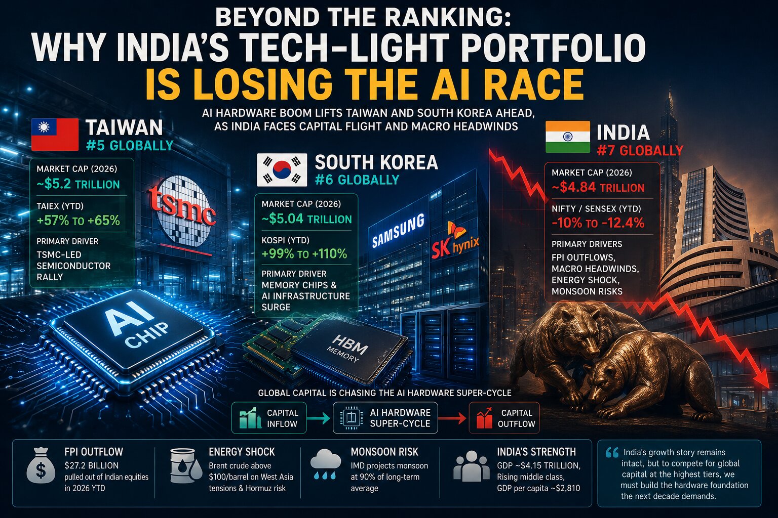 Cinematic infographic showing Taiwan and South Korea rising on AI chip dominance while India faces market-cap decline amid foreign capital outflows, energy risks, and macroeconomic headwinds.