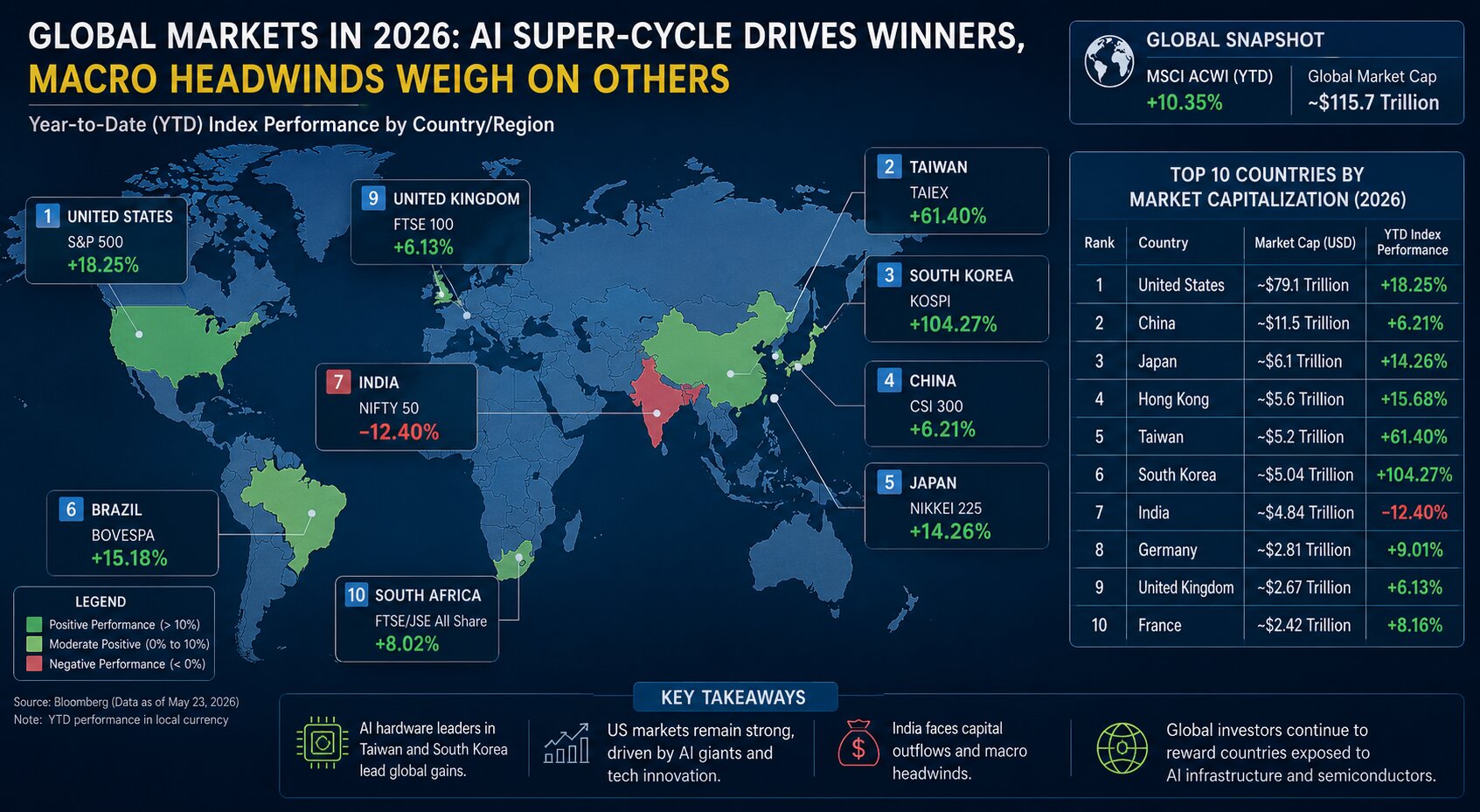 World map infographic showing 2026 stock market performance across major economies, with Taiwan and South Korea leading gains while India posts one of the largest declines among top global markets.