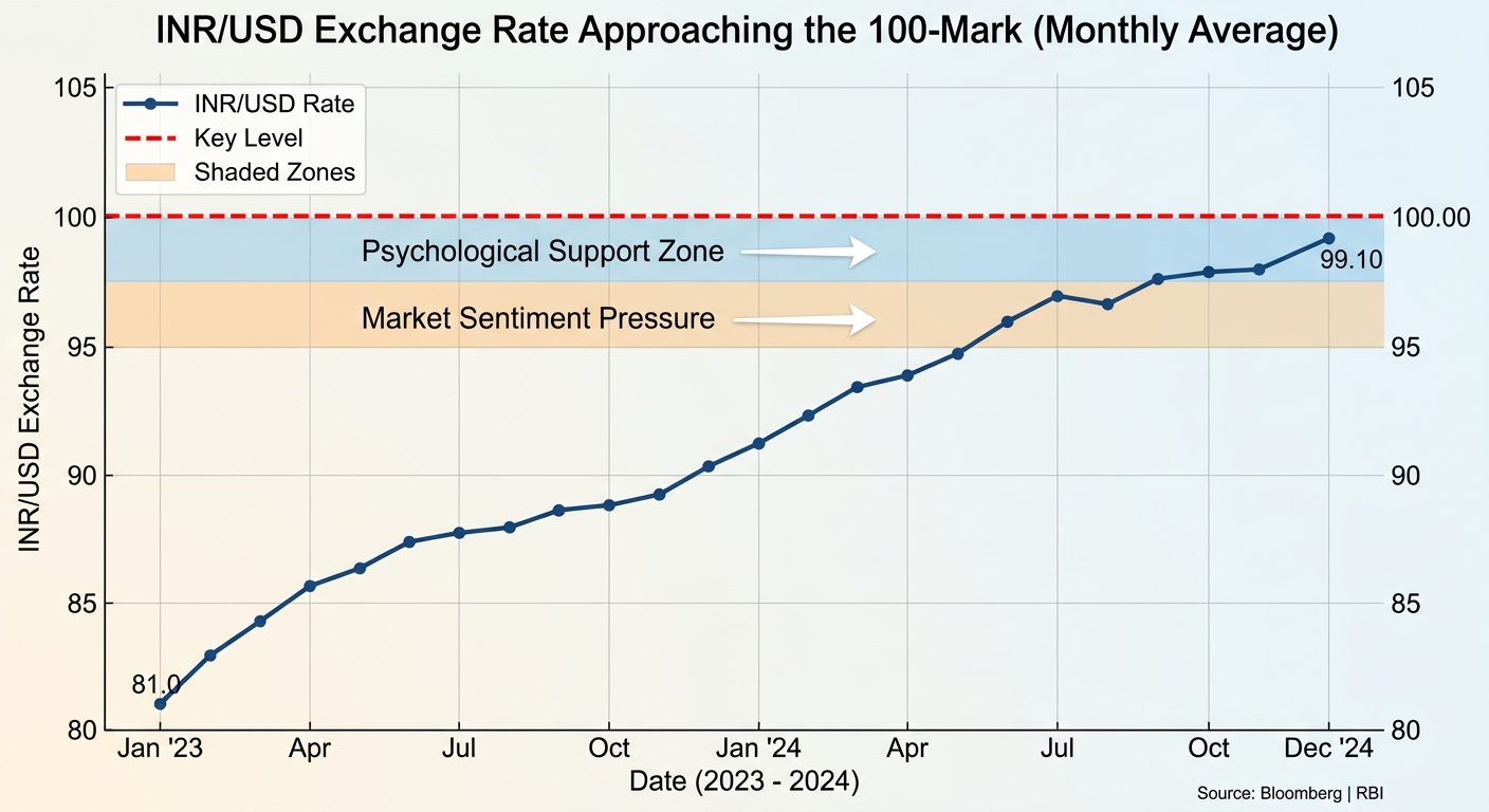 Infographic showing the relationship between INR/USD exchange rates and psychological market barriers.