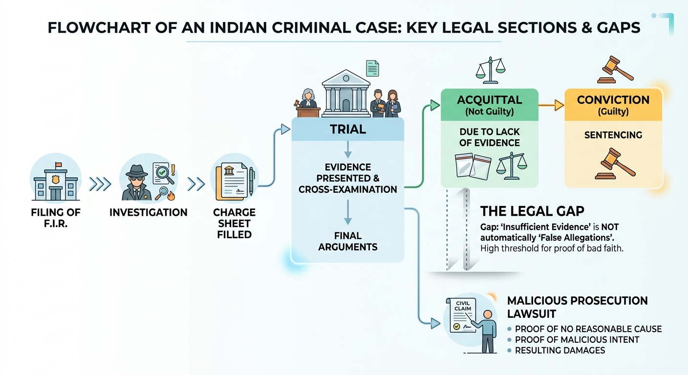 Infographic showing the legal criteria for proving malicious prosecution in Indian courts.