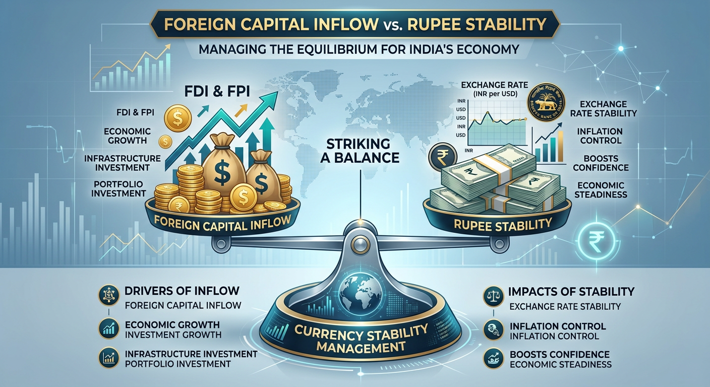An infographic showing the balance between foreign capital inflows and rupee stability.