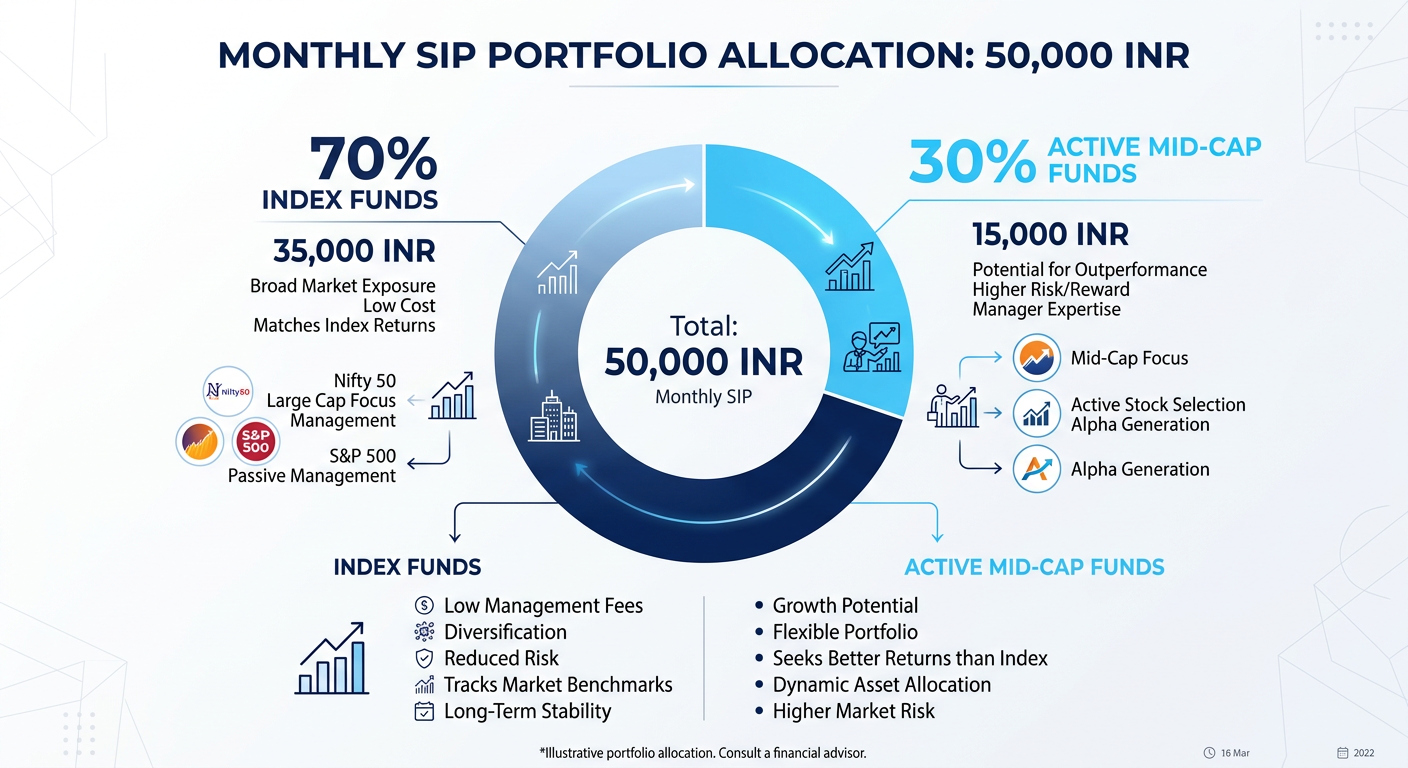 Infographic showing a 70% allocation to passive index funds and 30% to active mid-cap funds.