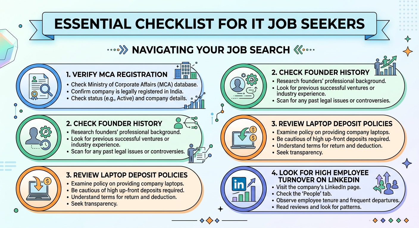 An infographic titled IT Job Seeker's Checklist featuring four key steps for vetting startup financial health.