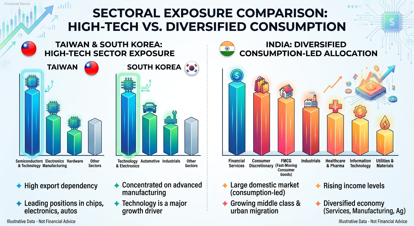 Infographic comparing sectoral weightings of India, Taiwan, and South Korea.