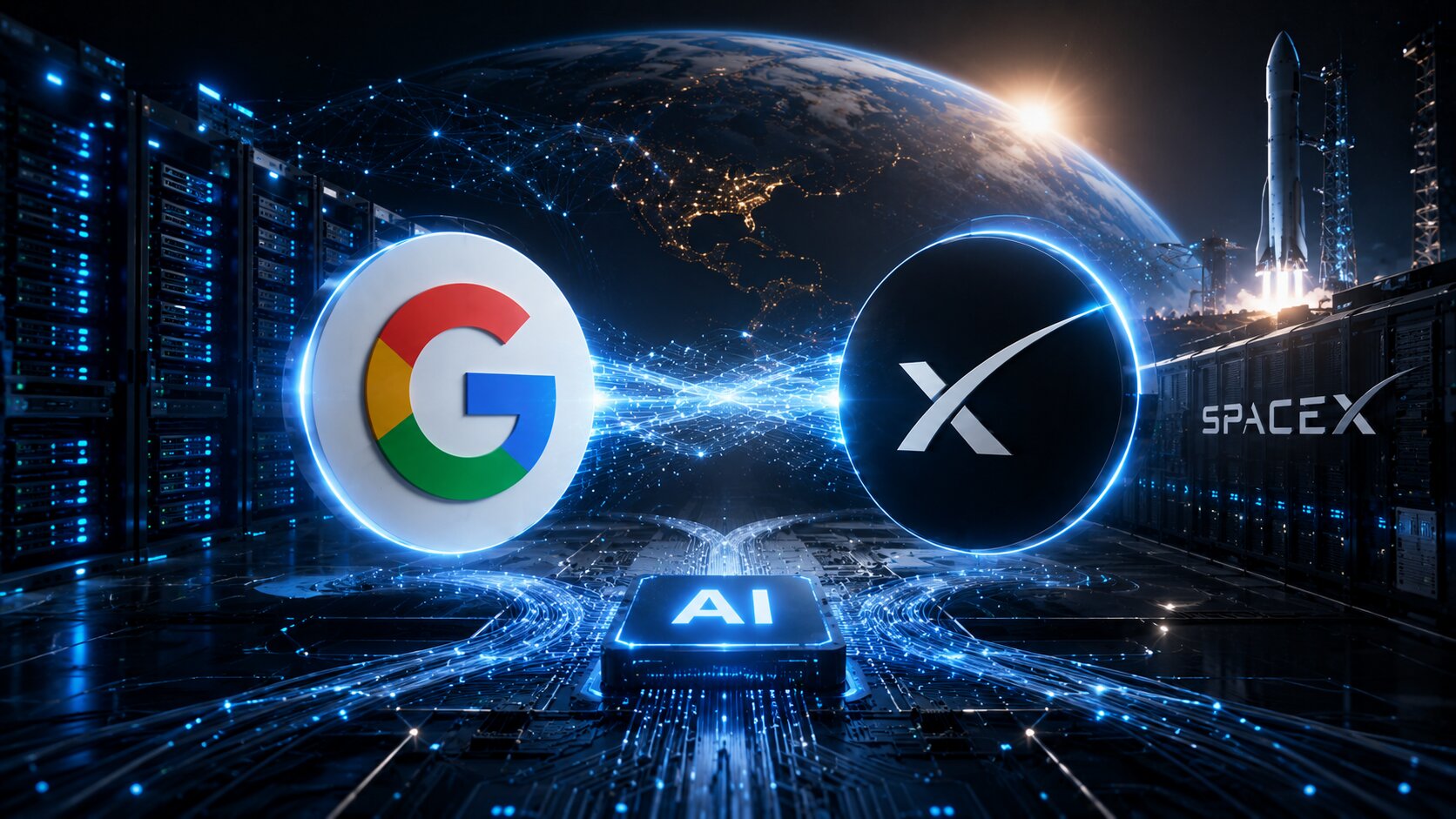 Futuristic AI data center featuring Google and SpaceX logos connected by digital energy streams, with servers, Earth, and a rocket launch in the background.