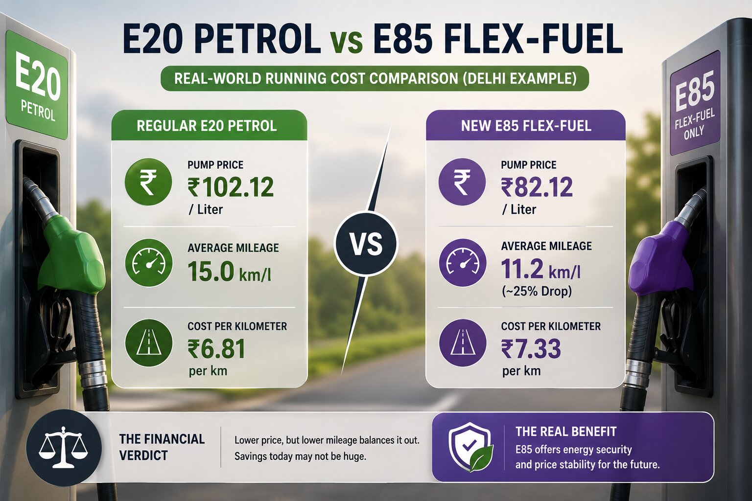 E20 petrol vs E85 flex-fuel comparison