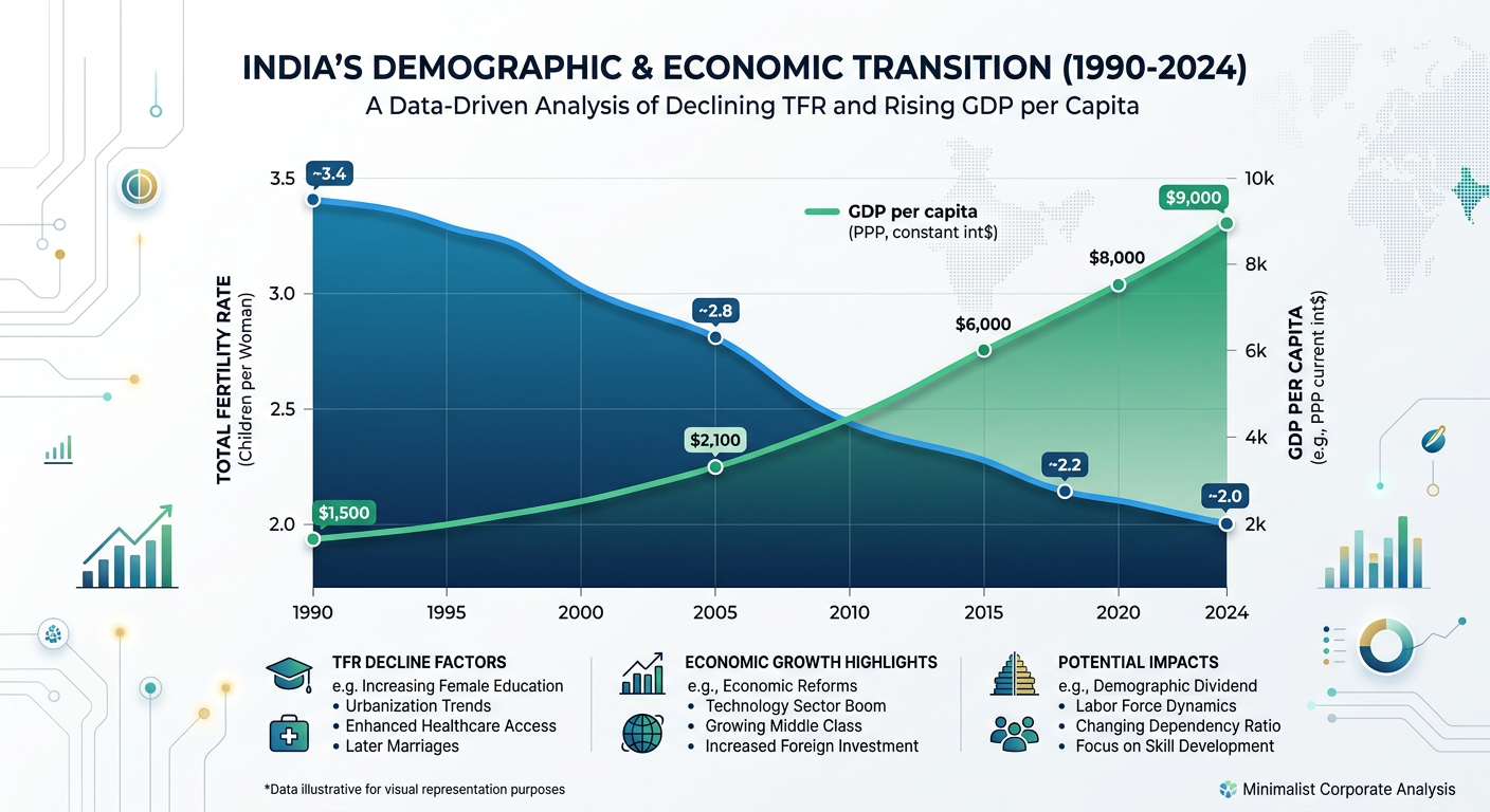 A graph showing the rapid decline of India's fertility rate alongside its economic growth trajectory.