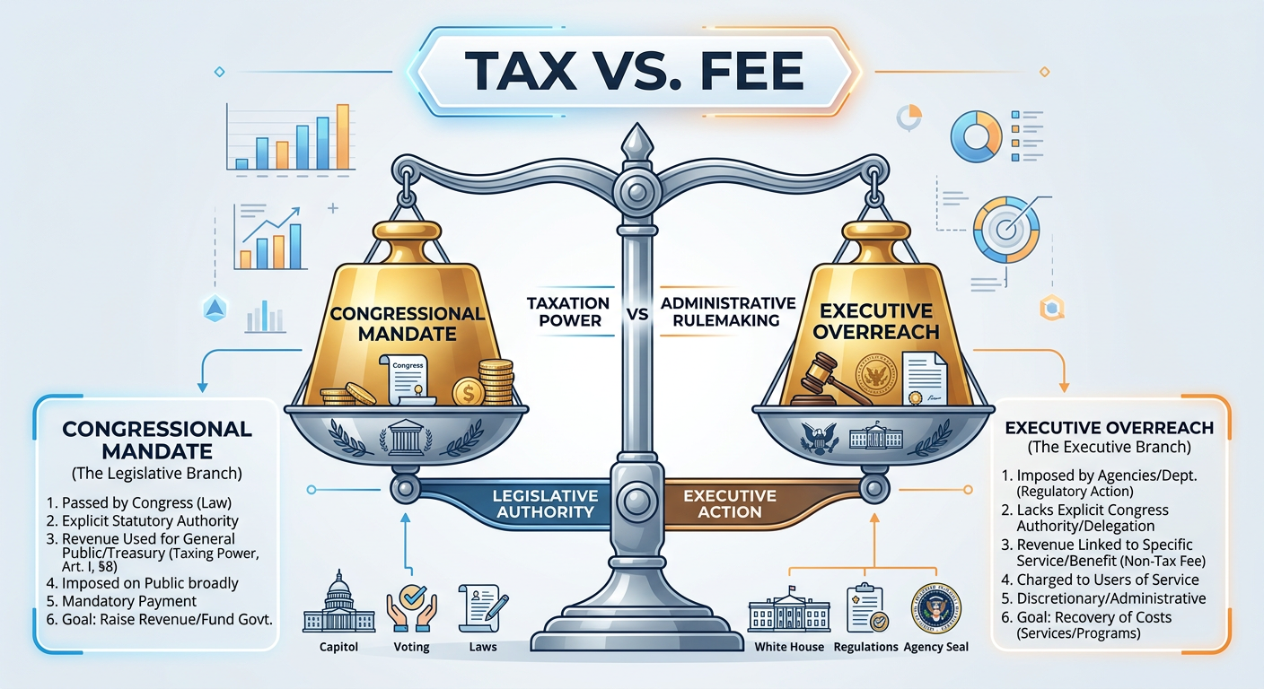 Infographic showing the legal criteria used by the court to distinguish between a regulatory fee and an unlawful tax.
