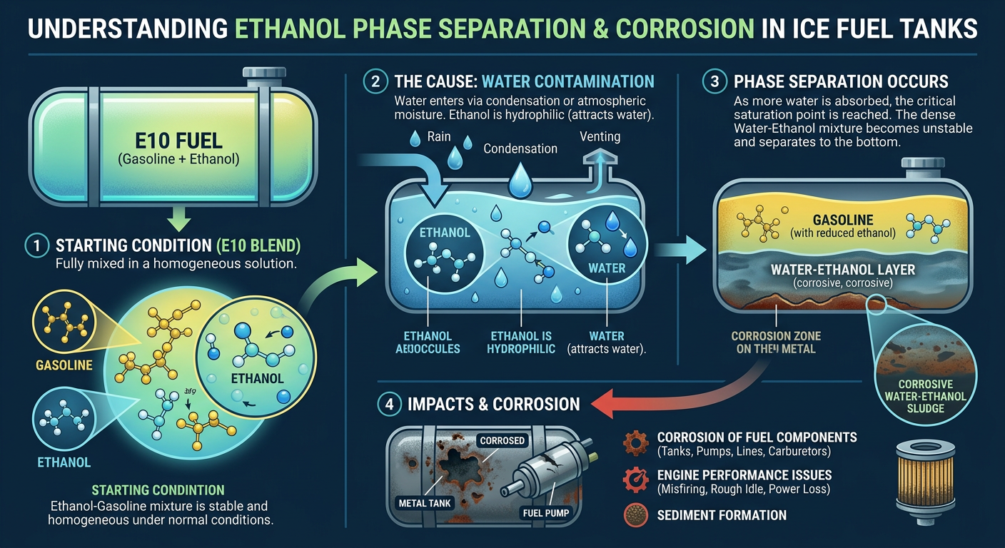 Infographic explaining ethanol phase separation and its impact on vehicle fuel systems.
