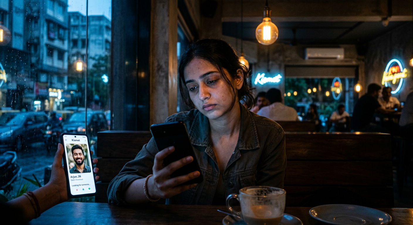 Close up of a person looking exhausted at their smartphone with a dating app interface.