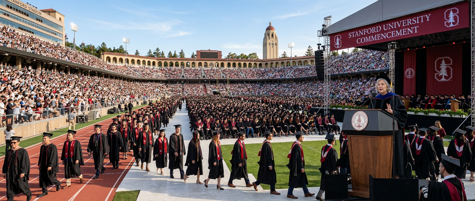 Students in graduation gowns leaving their seats during a keynote speech at an outdoor university ceremony.