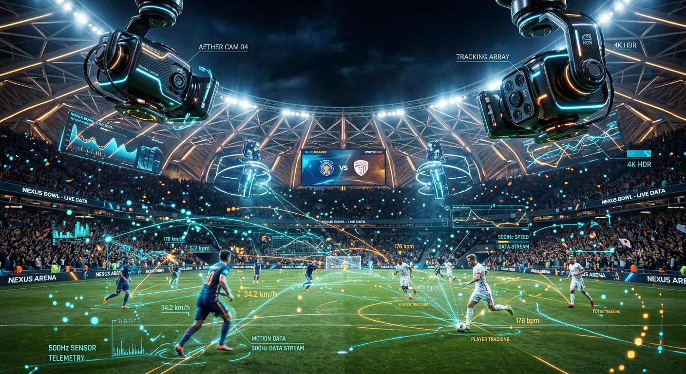 Conceptual representation of sensor data and 3D body mapping technology used in professional football.
